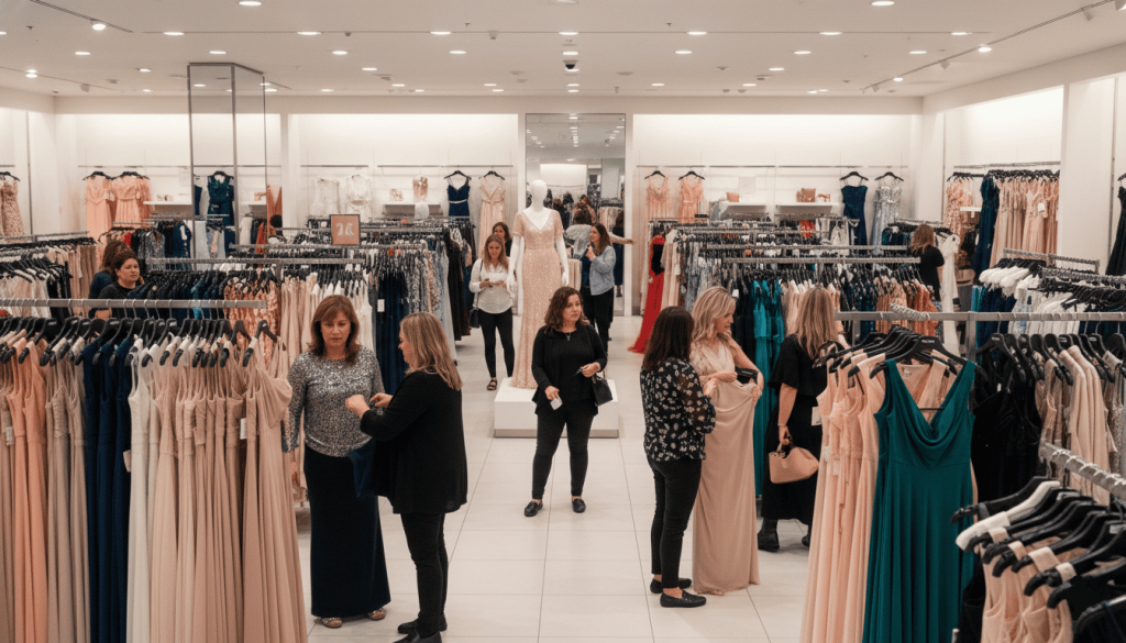 department store formalwear section, multiple racks of wedding guest dresses, shoppers browsing
