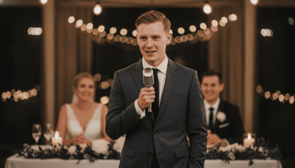 young white man with short red hair delivering an emotional wedding speech, holding a microphone, dressed in a tailored suit