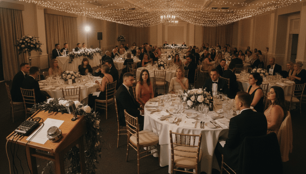 wedding reception room prepared for speeches, decorated podium, sound equipment, elegantly arranged dining tables, guests settling into their seats