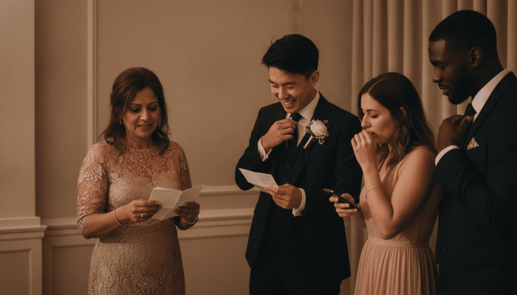 wedding photograph showing multiple potential speakers preparing remarks before the reception, including a parent, best friend, sibling, and wedding party member