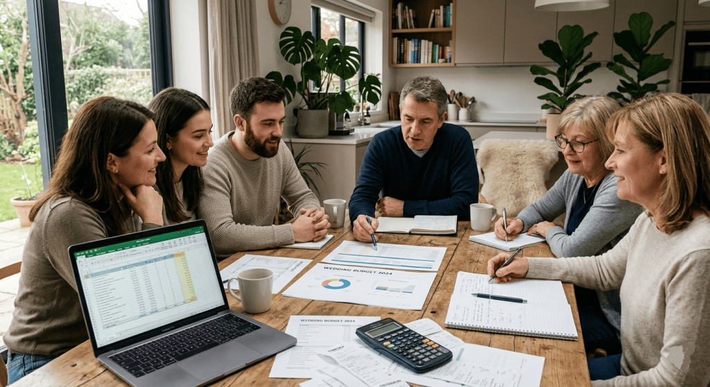 family meeting discussing wedding expenses around a dining table, wedding budget documents, calculator, laptop, realistic multi-generational family, collaborative conversation