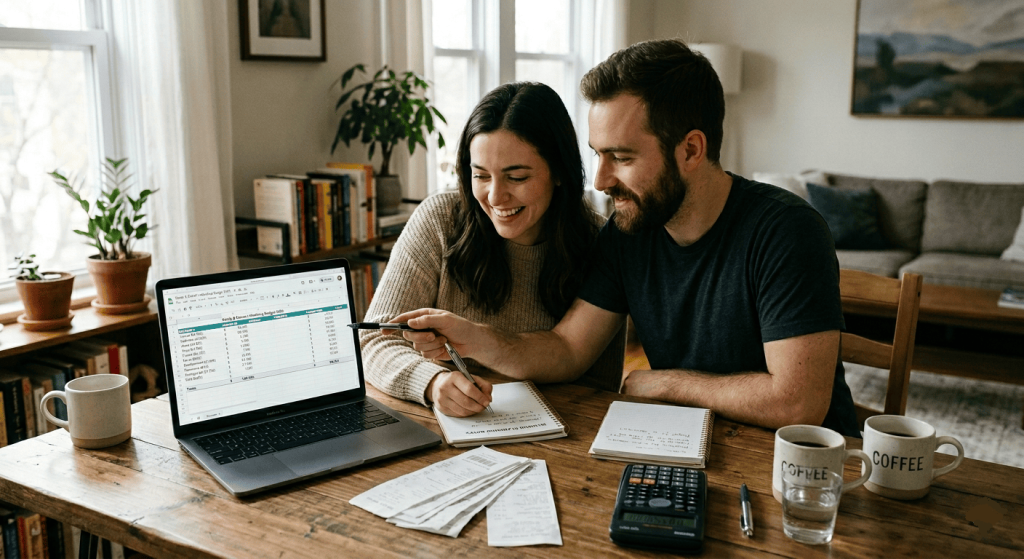 engaged couple reviewing wedding budget spreadsheets at home, laptop screen showing wedding planning budget, notes, calculator, coffee mugs, financial planning scene