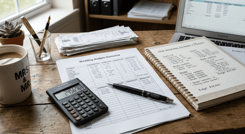 wedding budget documents, printed expense breakdown sheets, calculator, pen, wedding planning notebook, organized financial planning workspace