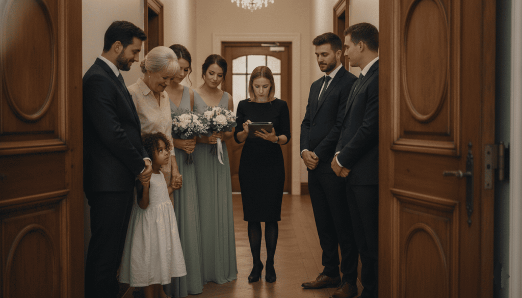 behind-the-scenes wedding photograph showing participants waiting in procession order behind ceremony doors, elderly parent, flower child, wedding party members, and a wedding coordinator checking a schedule