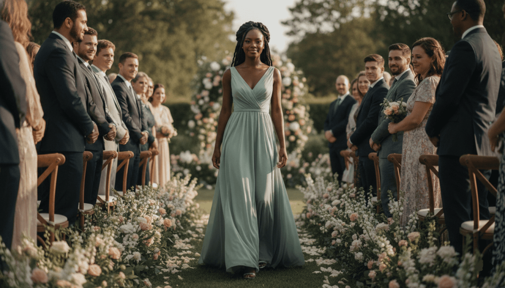 wedding procession photograph featuring a young Black bridesmaid with deep brown skin and intricately braided natural hair styled into a crown braid, gracefully walking down a flower-lined aisle ahead of the wedding couple