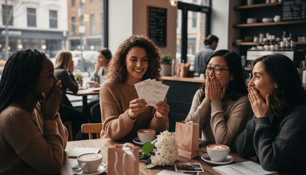 scene inside a stylish café, diverse group of women gathered around a table, one woman presenting bridesmaid proposal cards to her friends, coffee cups, flowers and small gift bags on the table, candid reactions