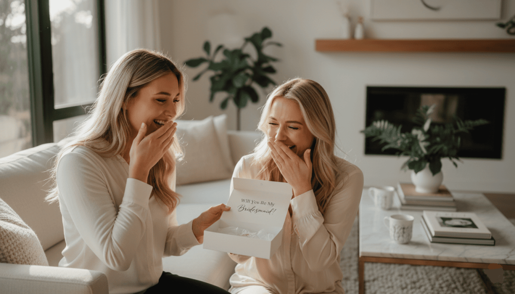 young woman asking her best friend to be her bridesmaid in a cozy modern living room, surprise gift box containing a handwritten card saying "Will You Be My Bridesmaid?", genuine emotional reaction, happy tears