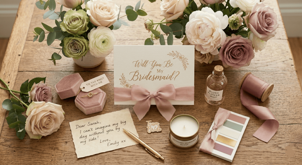 flat lay photography of bridesmaid proposal items arranged on a wooden table, elegant card reading "Will You Be My Bridesmaid?", fresh flowers, ribbon, jewelry box, handwritten note, wedding color palette, luxury stationery, natural daylight, realistic paper textures