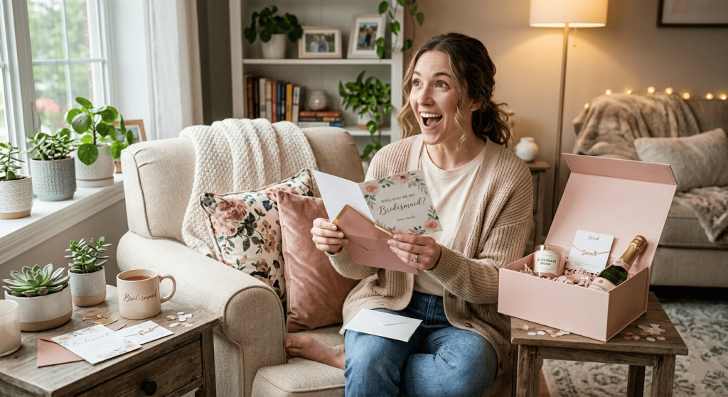 woman opening a bridesmaid proposal card at home, surprise expression, gift box nearby, cozy environment, candid emotional moment