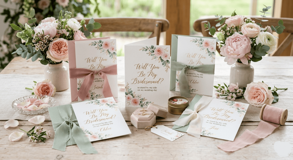 multiple bridesmaid proposal cards displayed on a table, elegant typography saying "Will You Be My Bridesmaid?", flowers, ribbons, premium paper textures