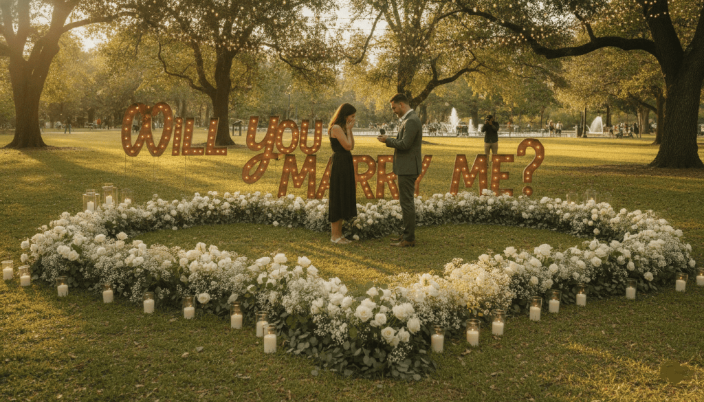 Ultra-realistic marriage proposal setup in a public park, large handcrafted sign reading "Will You Marry Me?", flower arrangements
