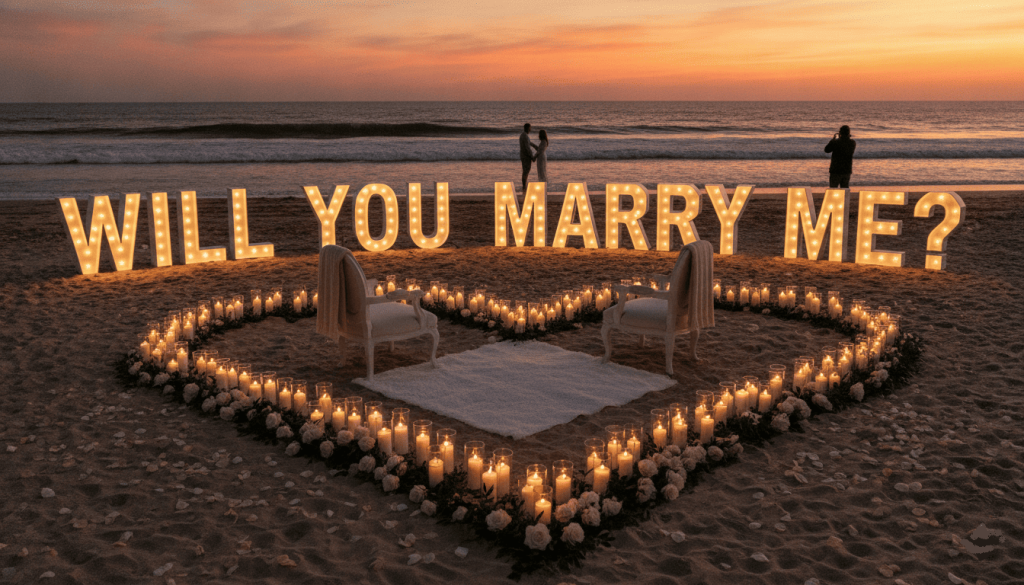 Beach proposal scene featuring illuminated "Will You Marry Me?" sign in the sand, sunset sky, ocean waves