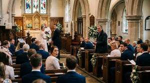 wedding ceremony inside a traditional church, guests reacting with surprise after someone stands up to speak, bride and groom looking confused