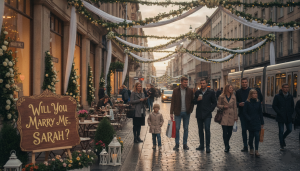Urban pedestrian street decorated for a marriage proposal, storefronts, passersby, large proposal sign displayed near outdoor café seating